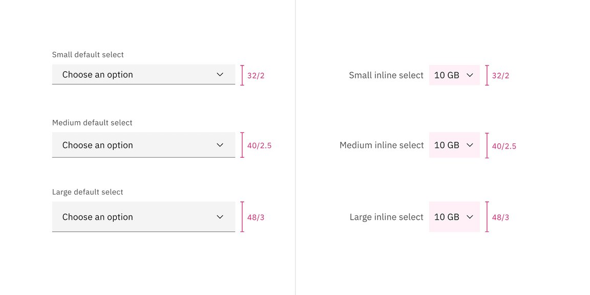 Select default sizes